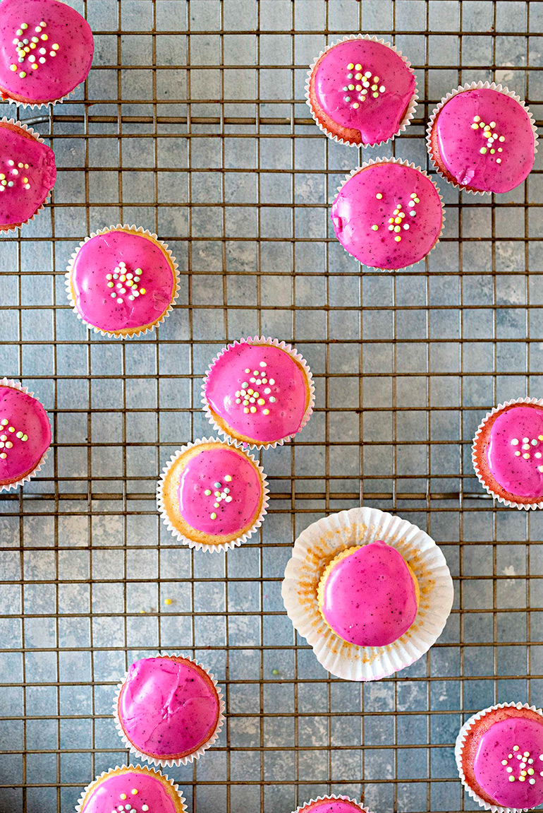 vegan pink donut muffins with frosting