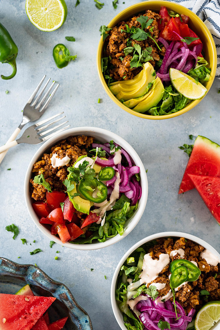 vegan taco salad bowls with tempeh
