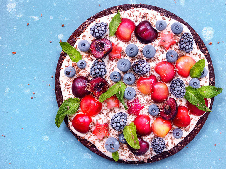 full cherry berry brownie pizza with mint