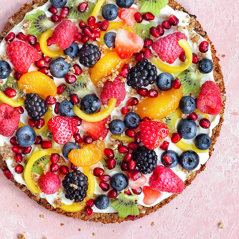 rainbow fruit pizza with coconut cream frosting
