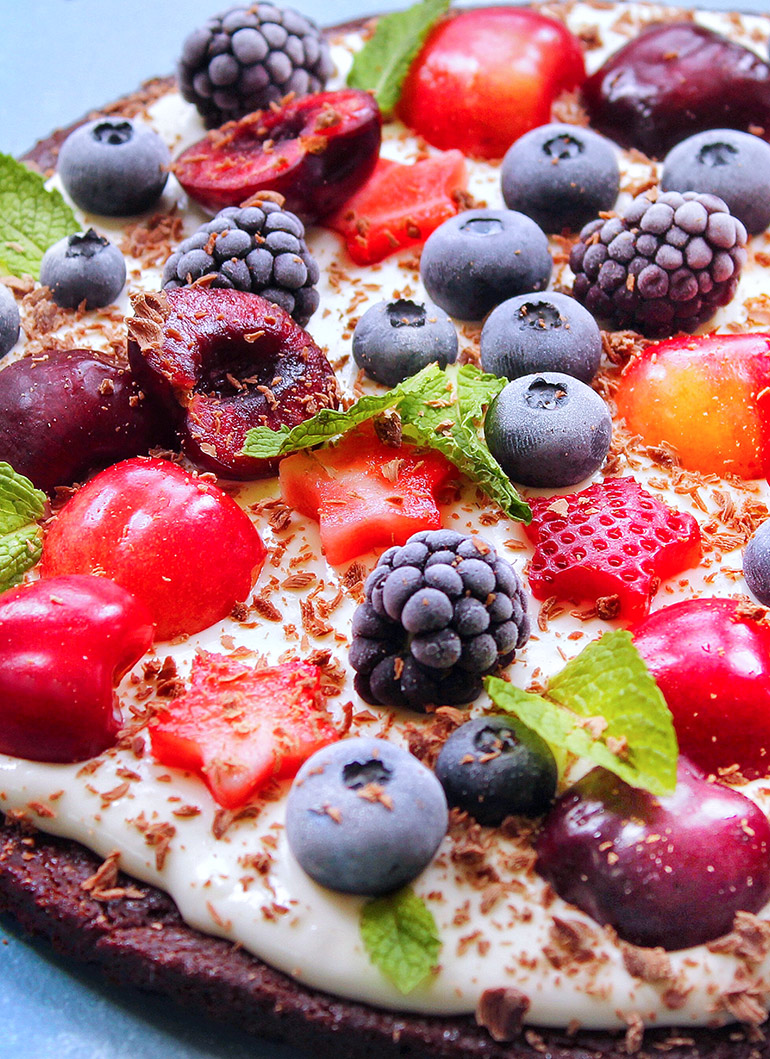 closeup of cherry berry brownie pizza