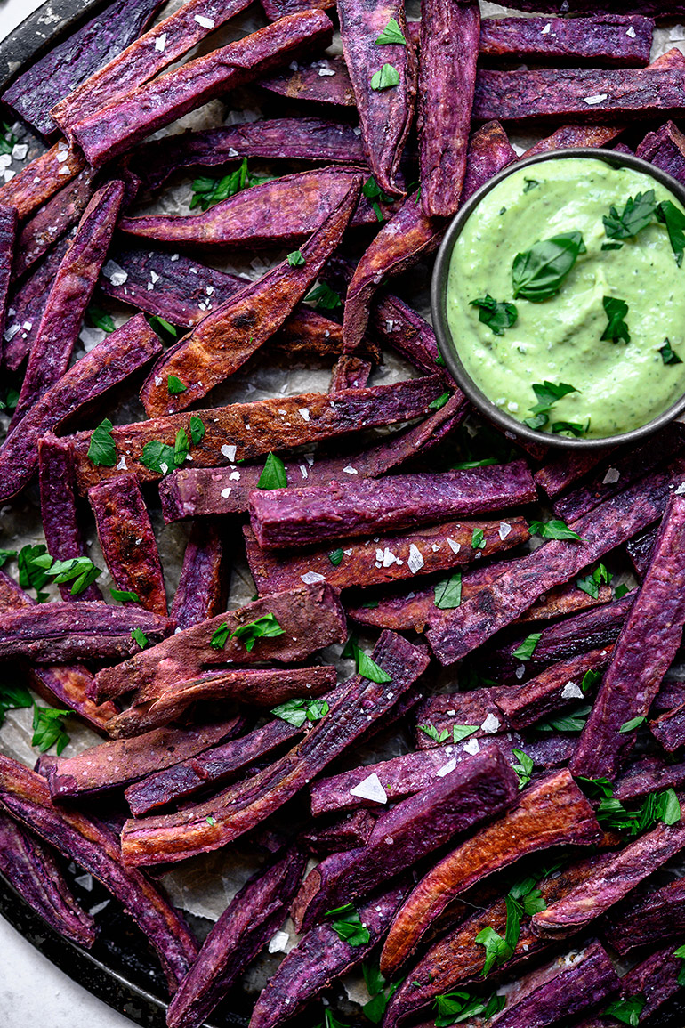 purple sweet potato fries with tahini sauce