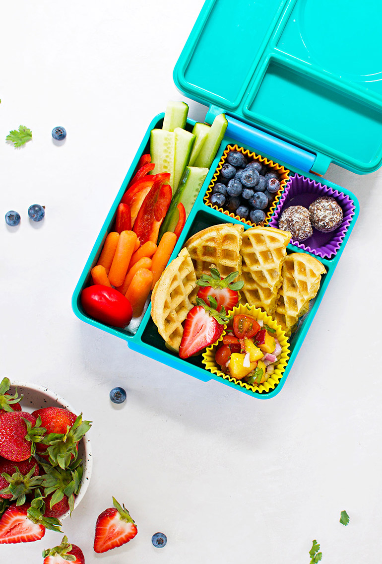 sweet corn waffles in rainbow lunchbox
