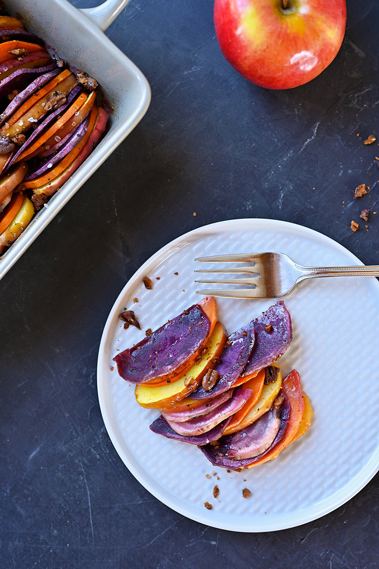 baked apples and sweet potatoes plated
