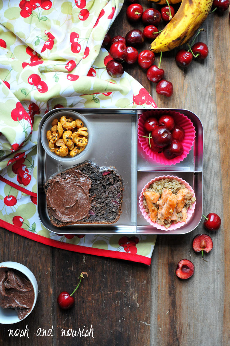 healthy lunchbox with chocolate cherry banana bread
