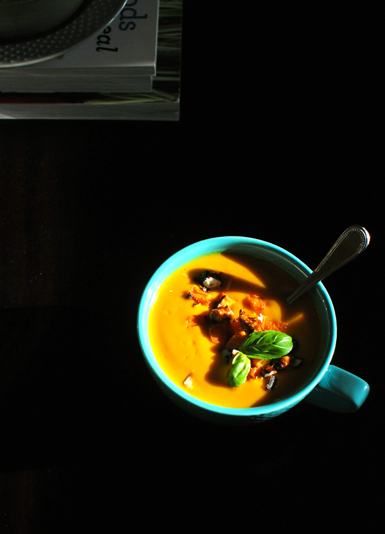 carrot ginger cashew soup in sunlight