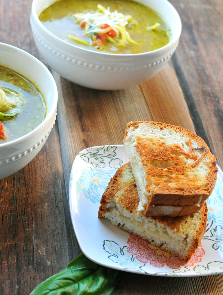 chicken pesto zoodle soup with gf grilled cheese