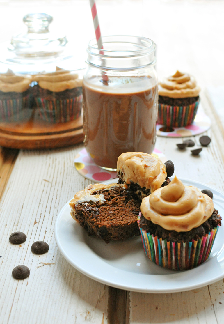 triple chocolate cupcakes with peanut butter frosting
