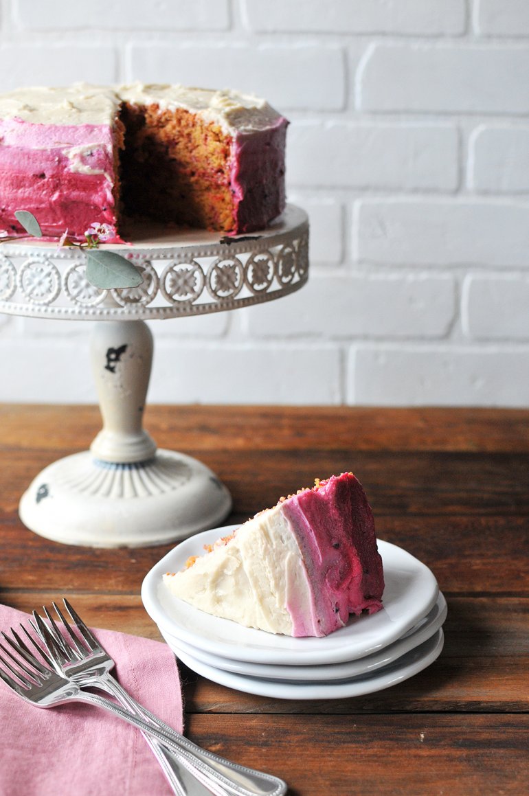 dragon fruit strawberry layered cake with pink ombre frosting