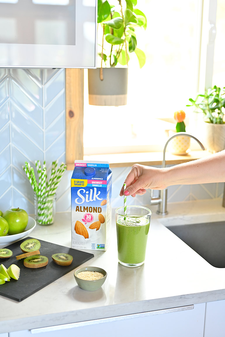 silk green smoothie on counter