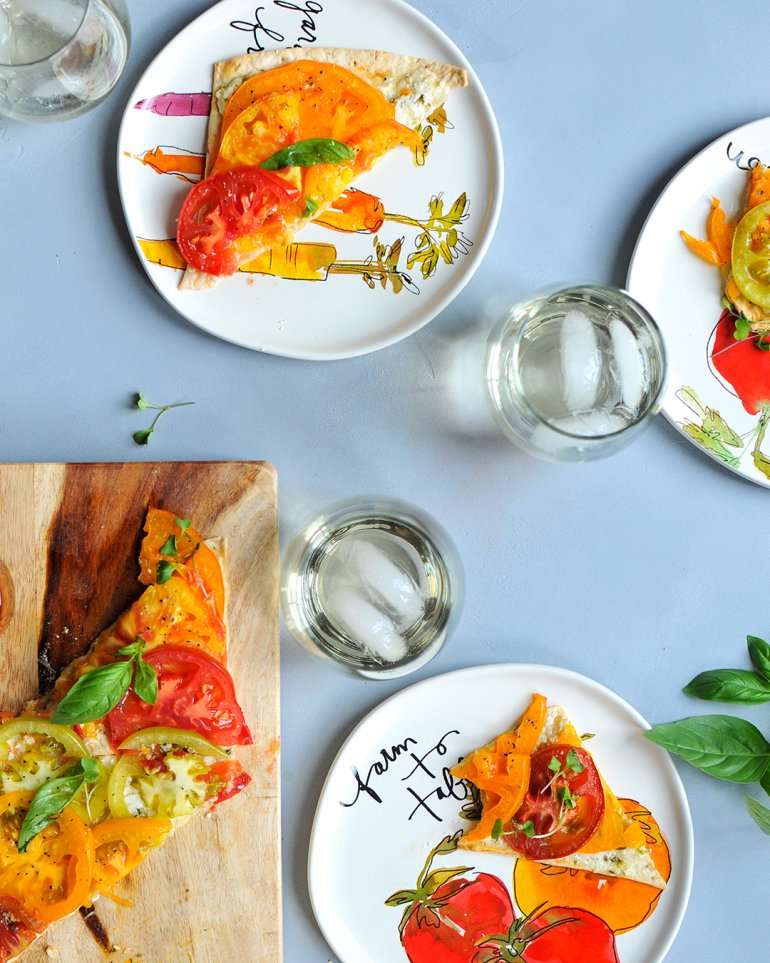 heirloom tomato flatbread with pinot gris