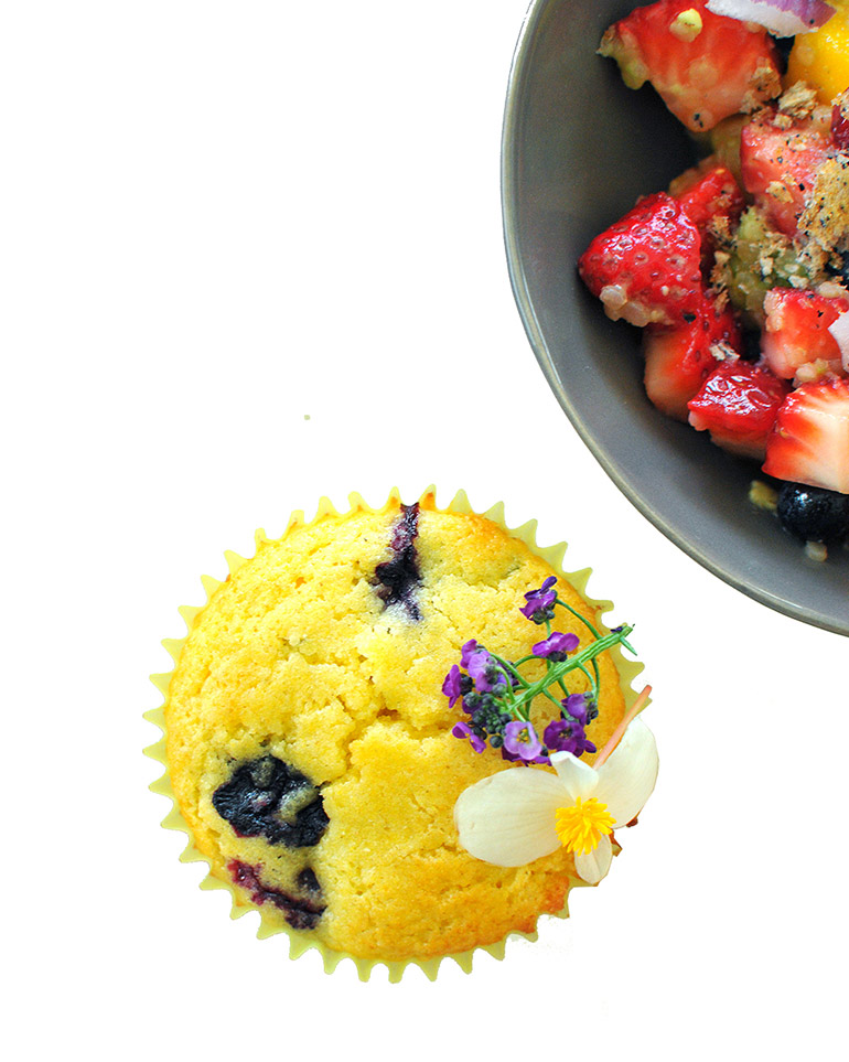 lemon blueberry muffins with edible flowers
