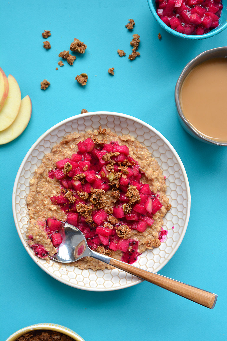 oatmeal bowl with dragonfruit and apple compote