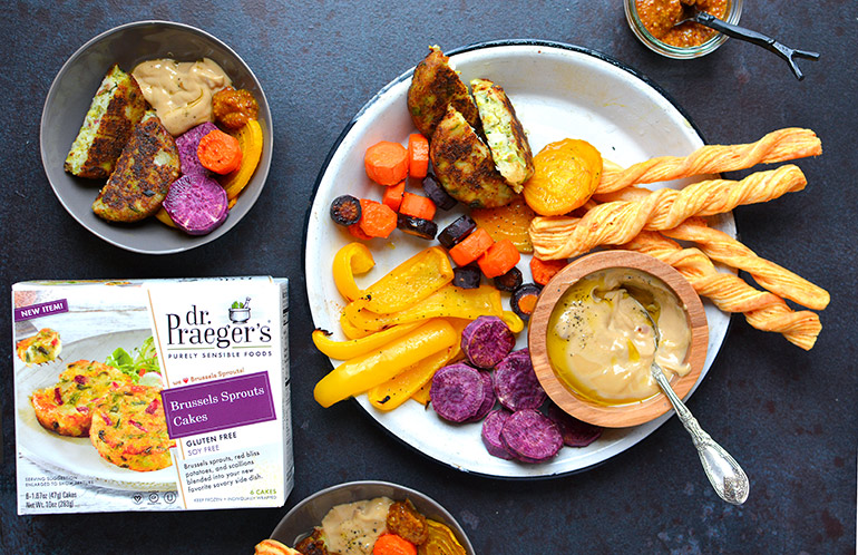 roasted fall veggie platter with dr. praeger's brussel sprouts cakes