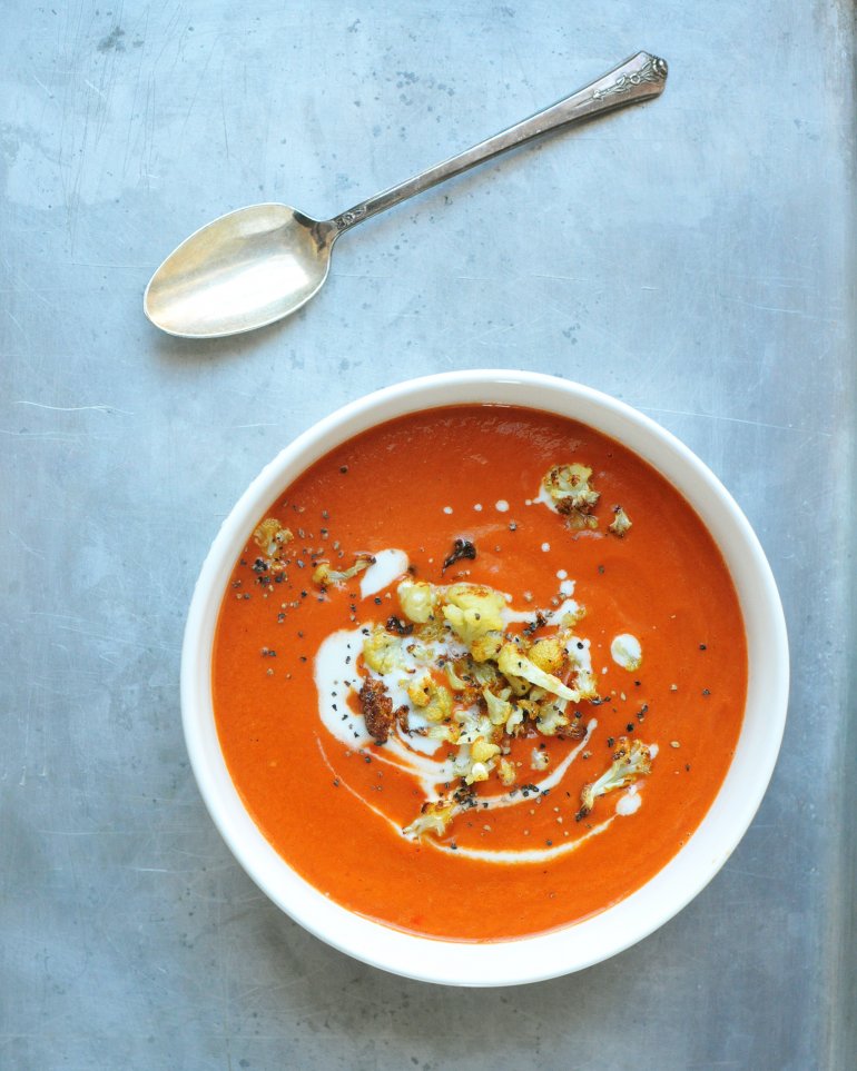red pepper and tomato soup with roasted cauliflower
