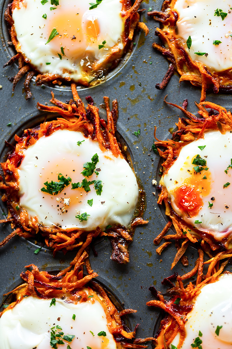 egg nests with root veggies in muffin tin