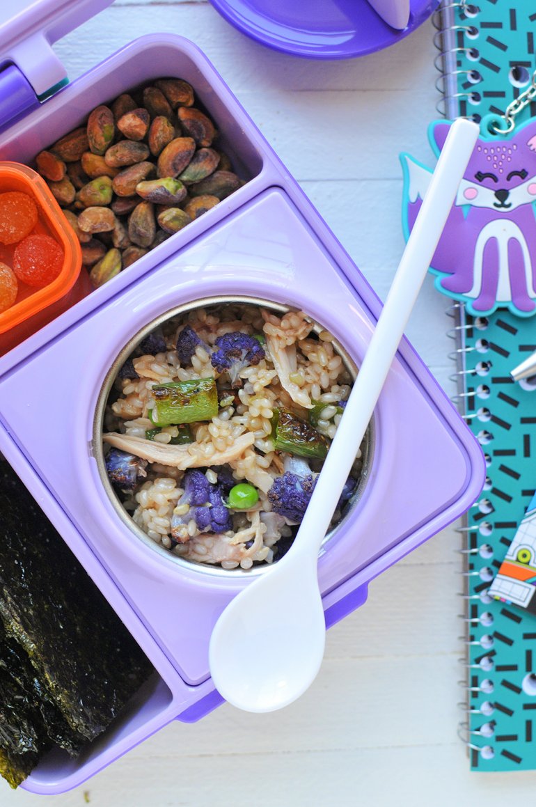 omiebox purple lunchbox with sesame rice and chicken
