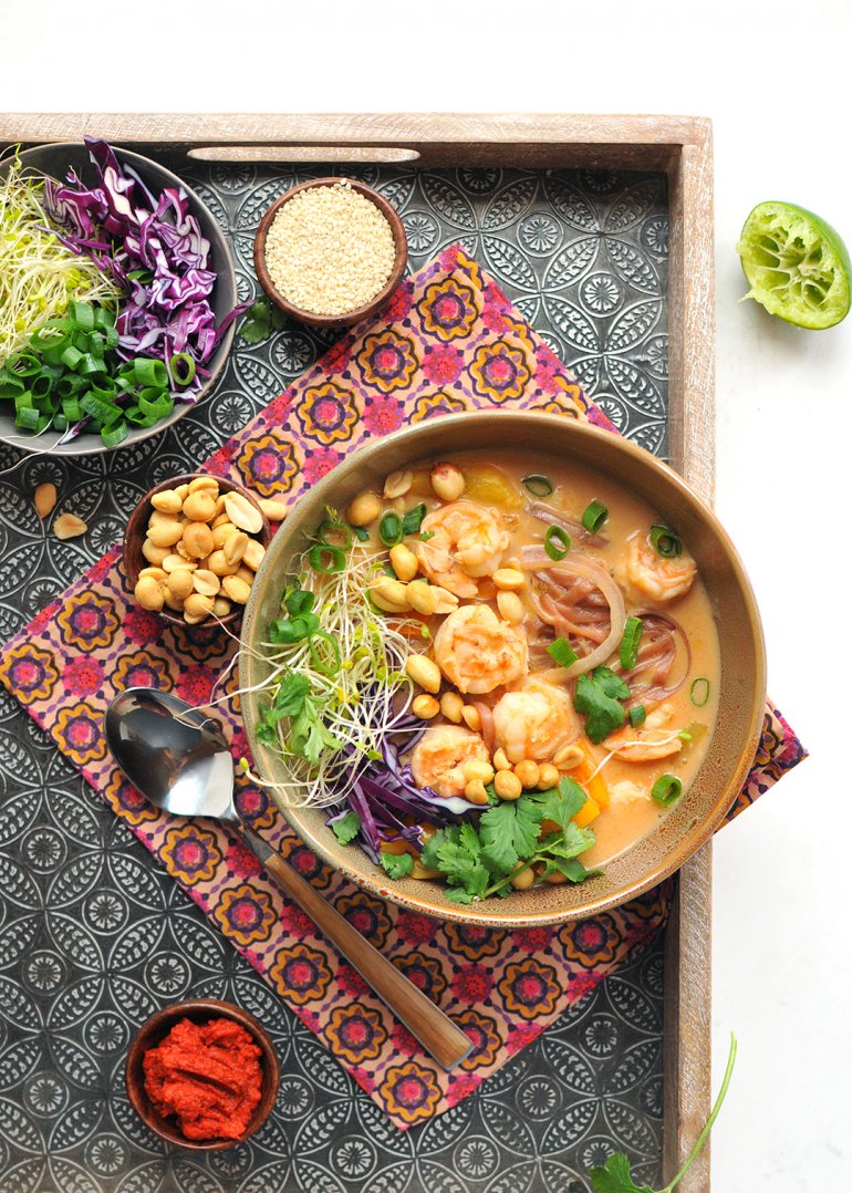 thai shrimp curry bowl with cabbage and sprouts
