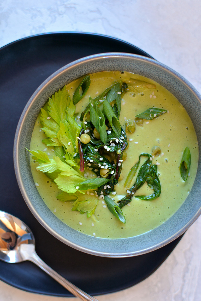 close up of spring greens soup