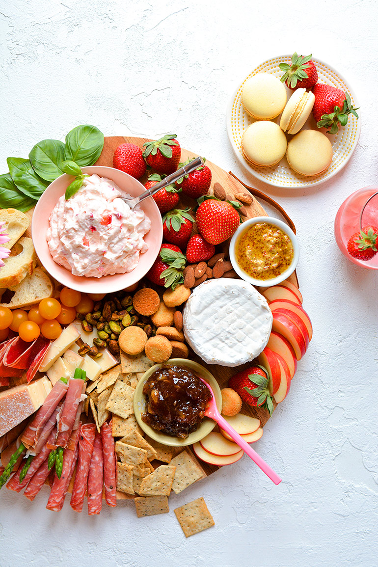 spring charcuterie board with california strawberries