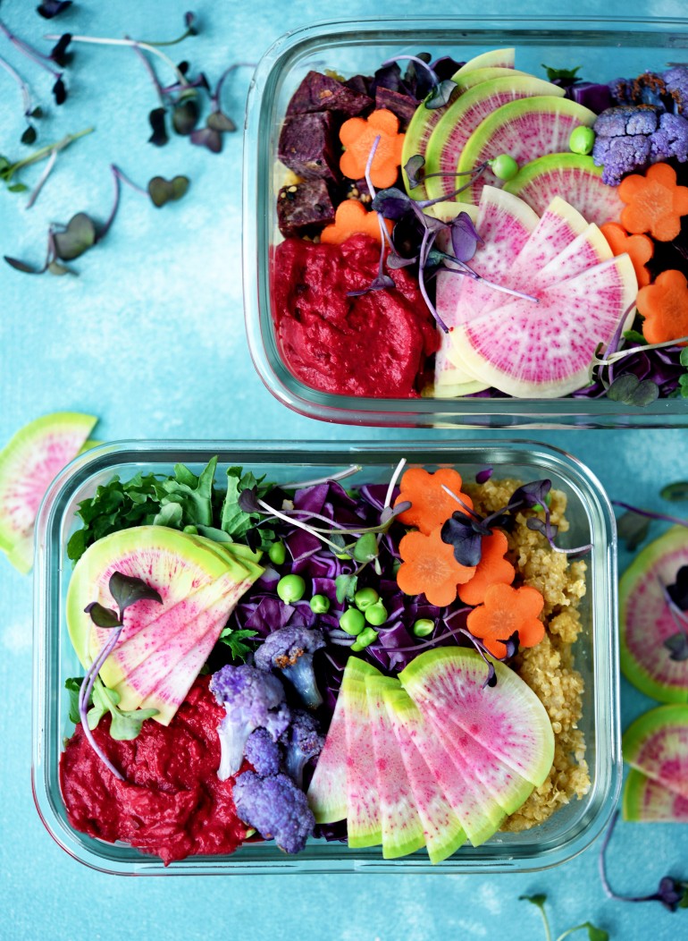 vegetarian rainbow meal prep bowls with quinoa