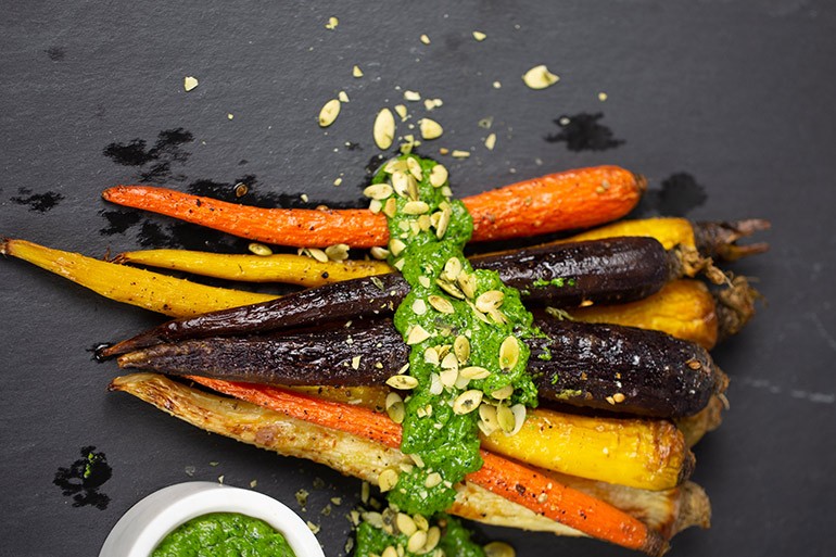 Roasted Carrots with Cilantro Pumpkin Seed Salsa Nosh and Nourish