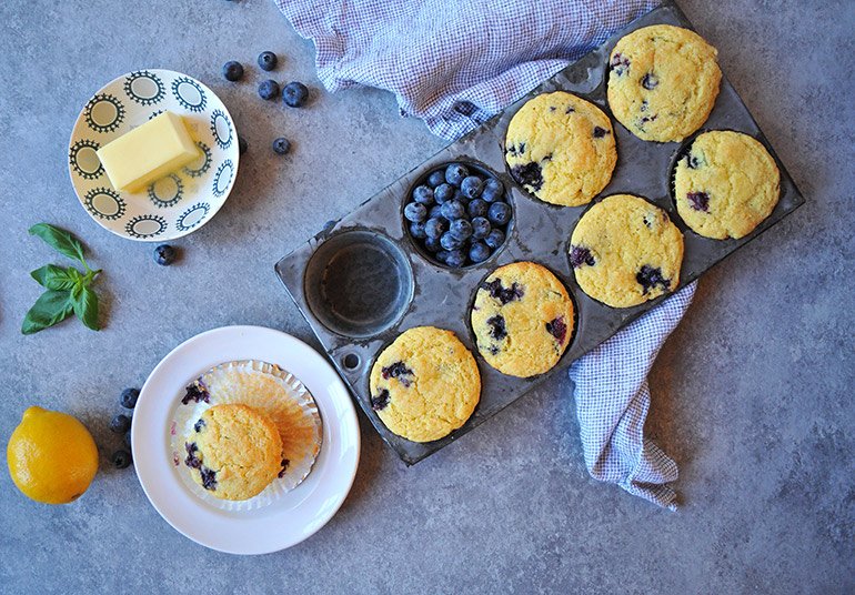 Lemon Blueberry Cornbread Muffins with Basil Nosh and Nourish