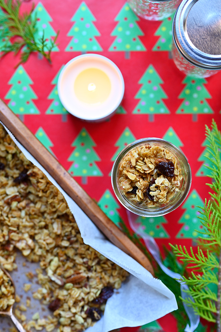 close-up of homemade bourbon maple granola