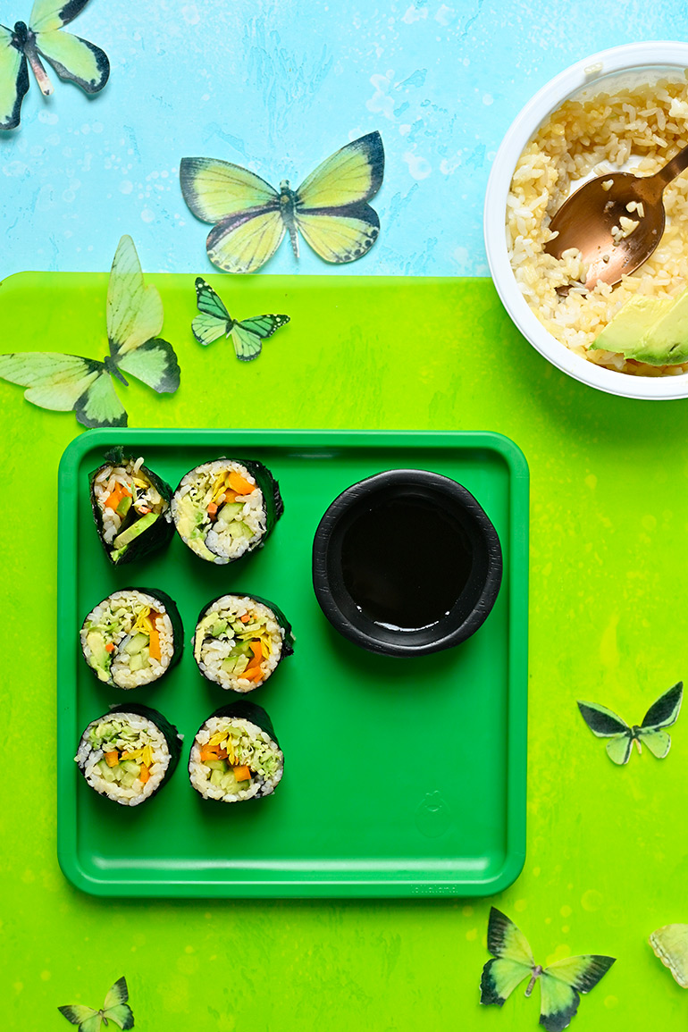 kid-friendly veggie sushi with broccoli slaw