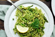 Asparagus, Pea, and Carrot Top Pesto Pasta