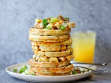 Mini Savory Waffles with Crumbled Sausage, Cheese, & Scallions