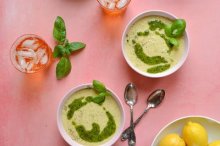 Creamy Lemon Potato Bisque with Carrot Top Pesto