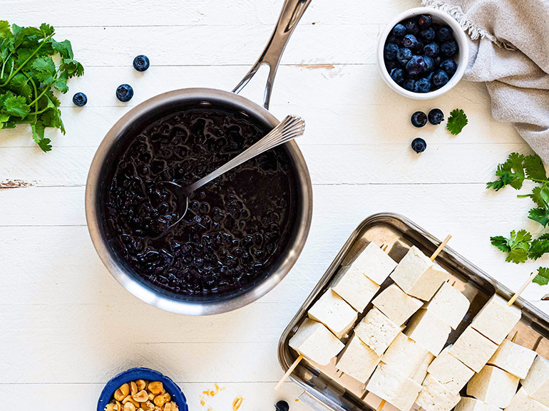 Blueberry chutney with tofu kebabs