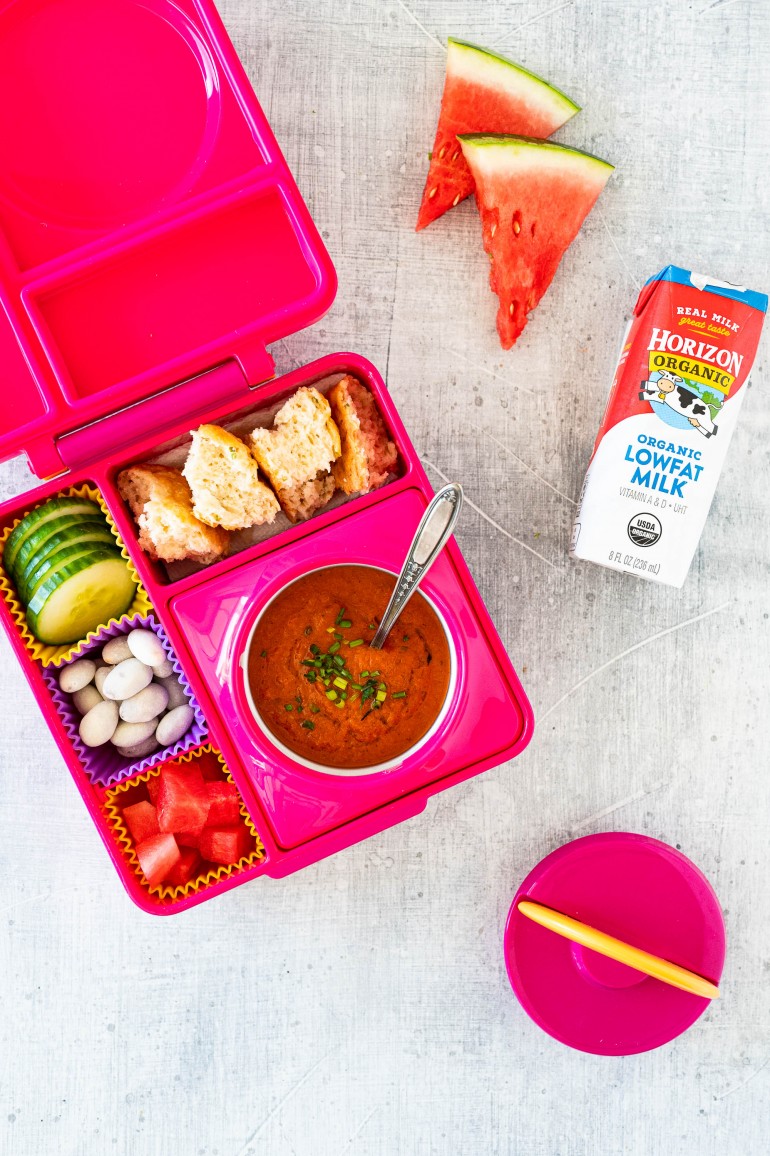 omiebox with tomato soup and horizon milk