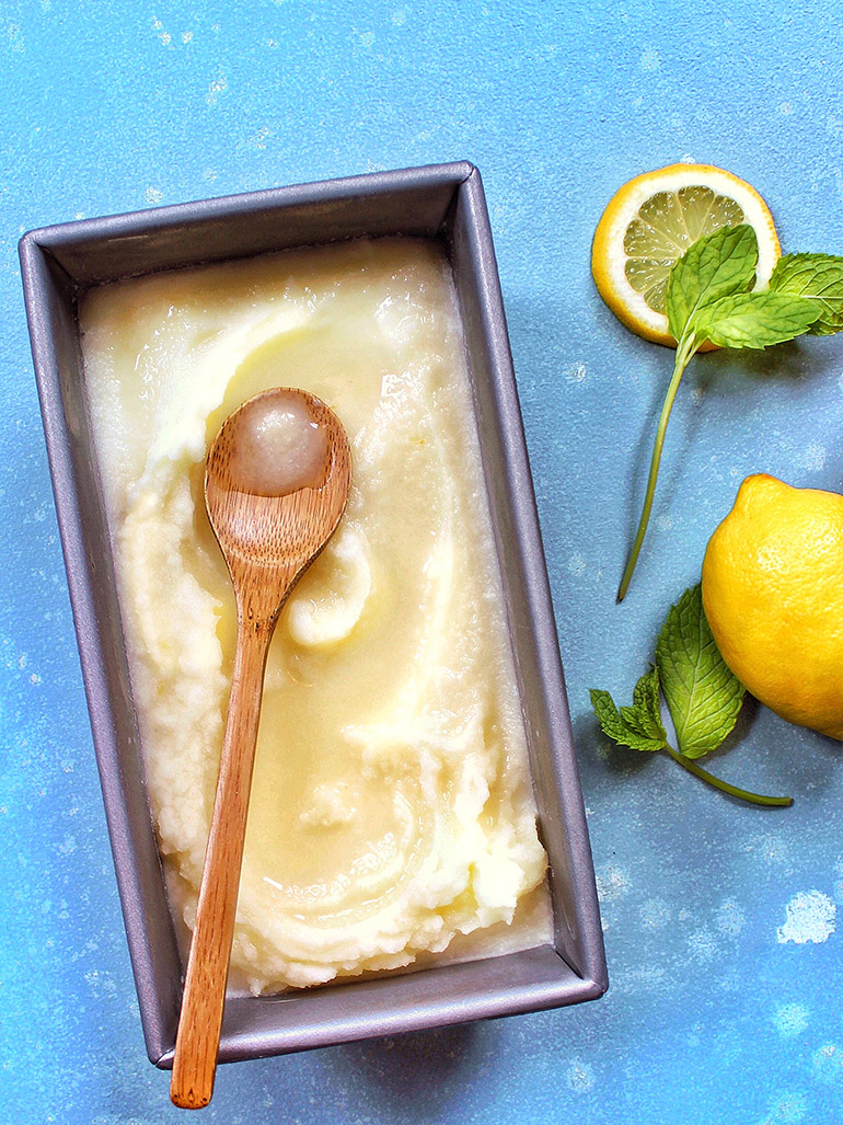 citrus mint sorbet in loaf pan