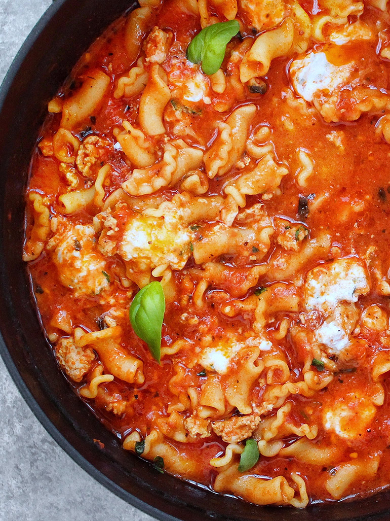 closeup of one pot lasagna soup