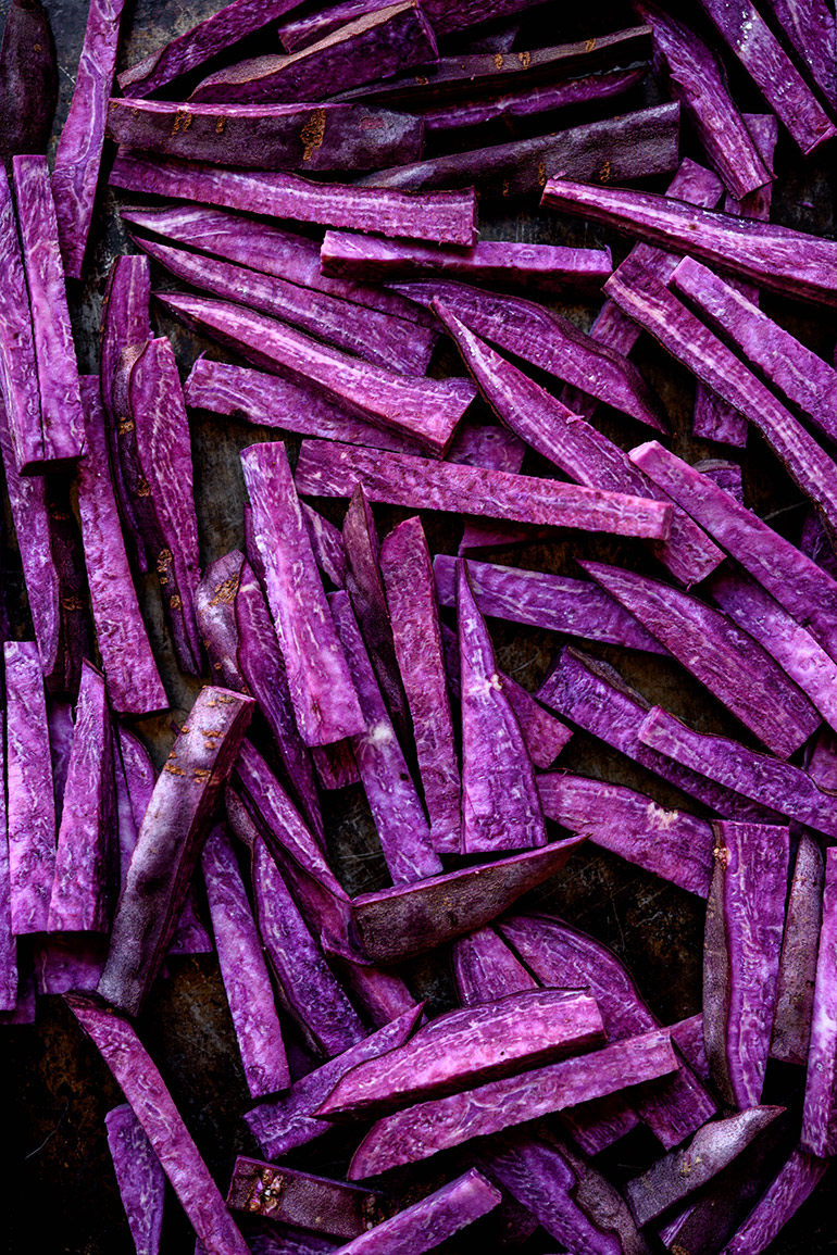 purple sweet potatoes chopped into fries