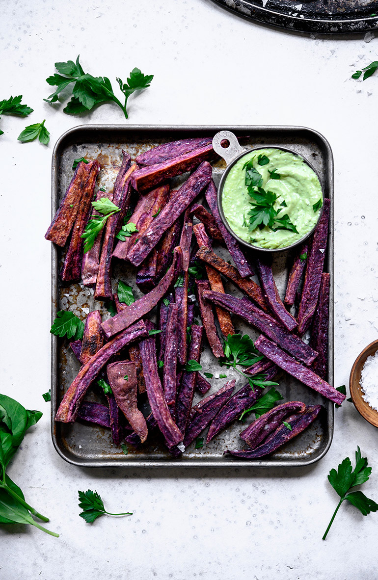 purple sweet potato fries with tahini sauce