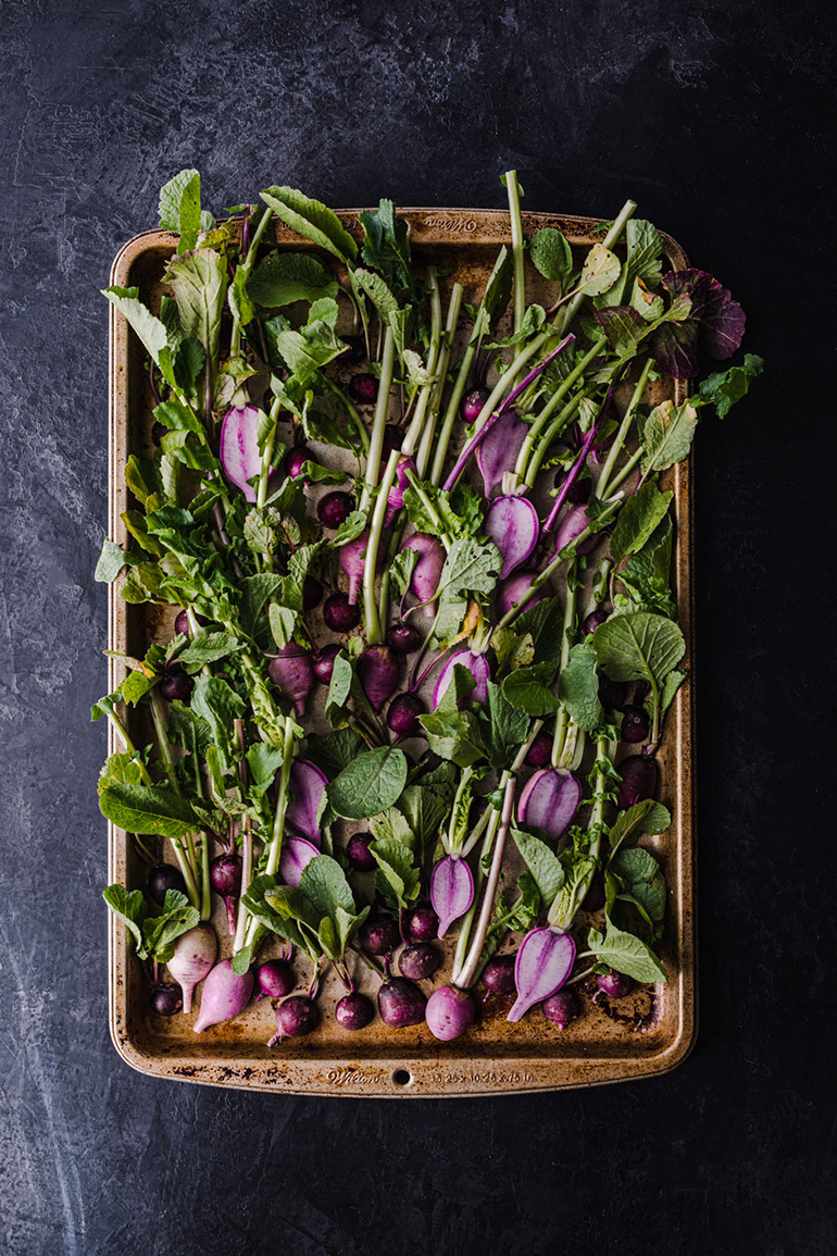 raw purple radishes ready to roast