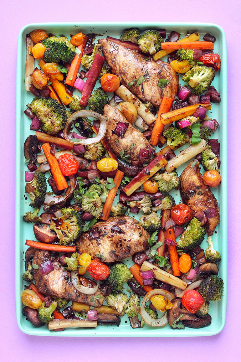 Balsamic Chicken And Veggies Sheet Pan Dinner Nosh And Nourish 