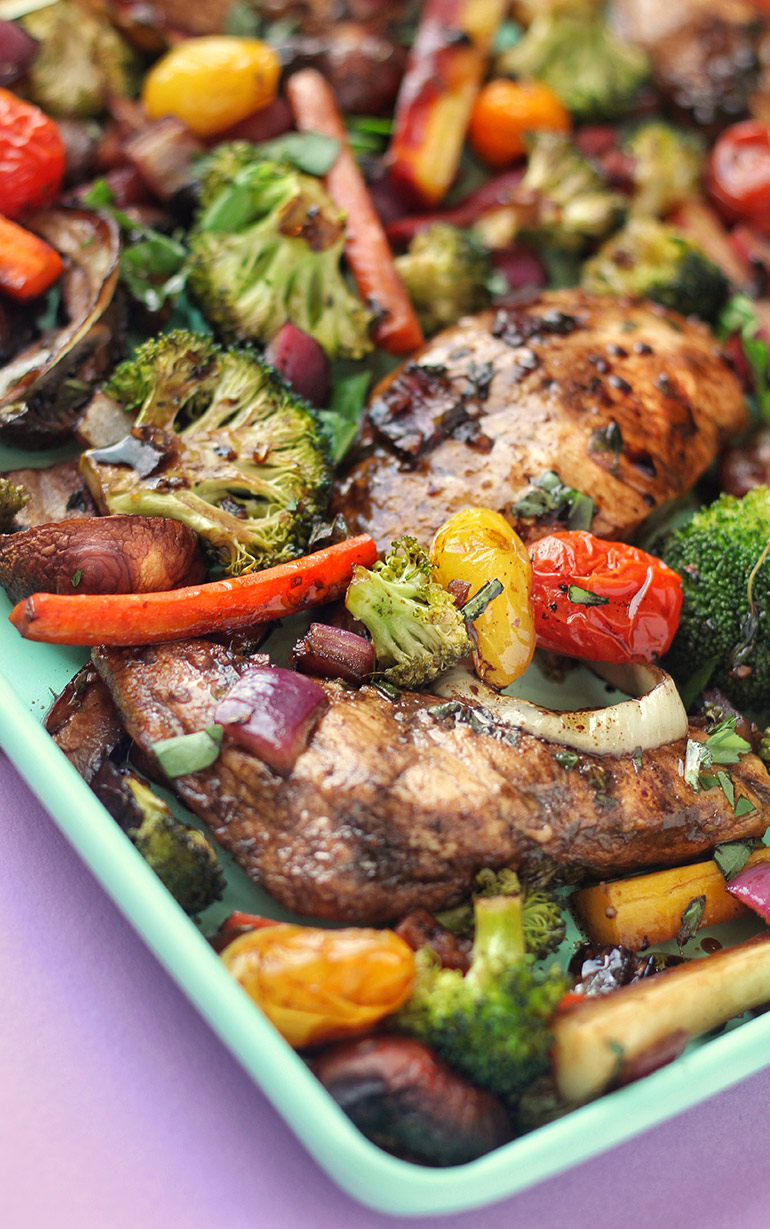 closeup balsamic chicken and veggie sheet pan dinner