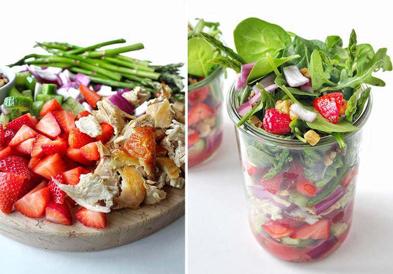 spring mason jar salad with berry vinaigrette