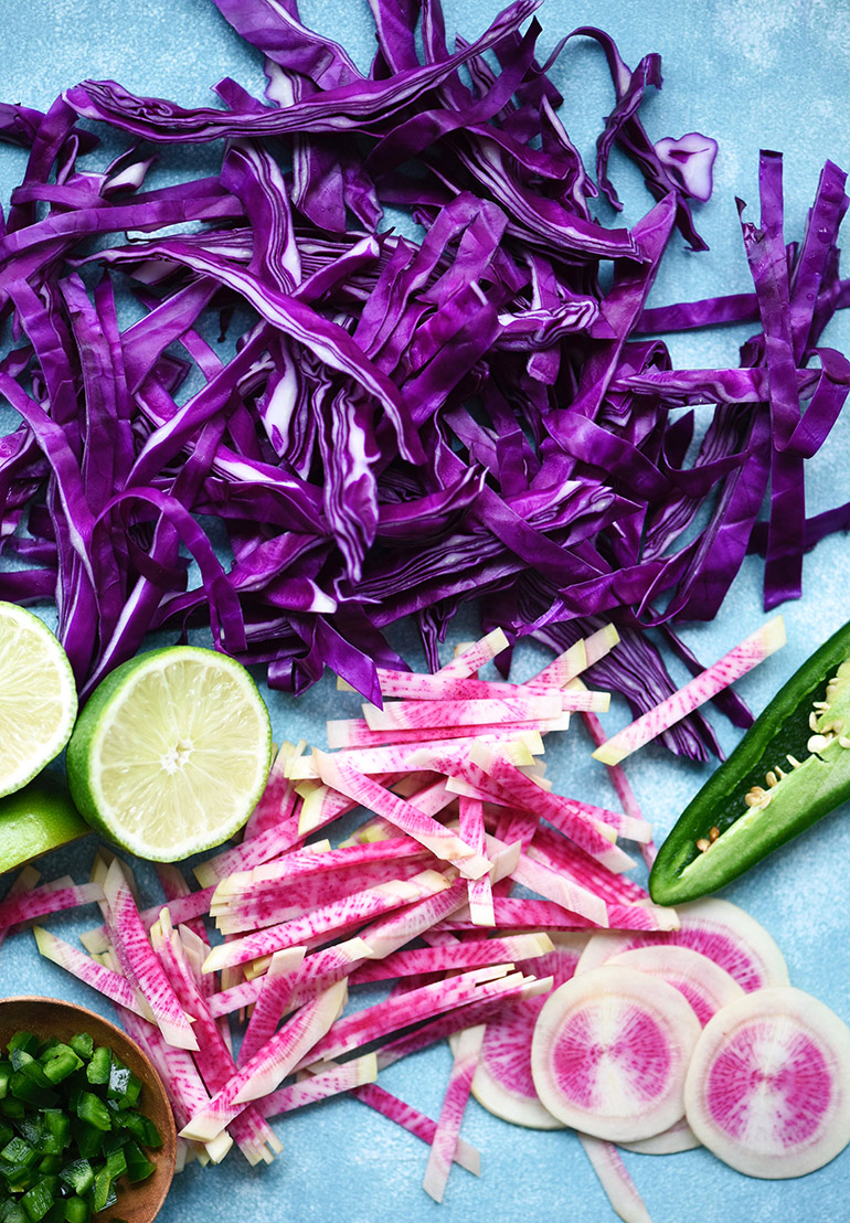 red cabbage and watermelon radish slaw