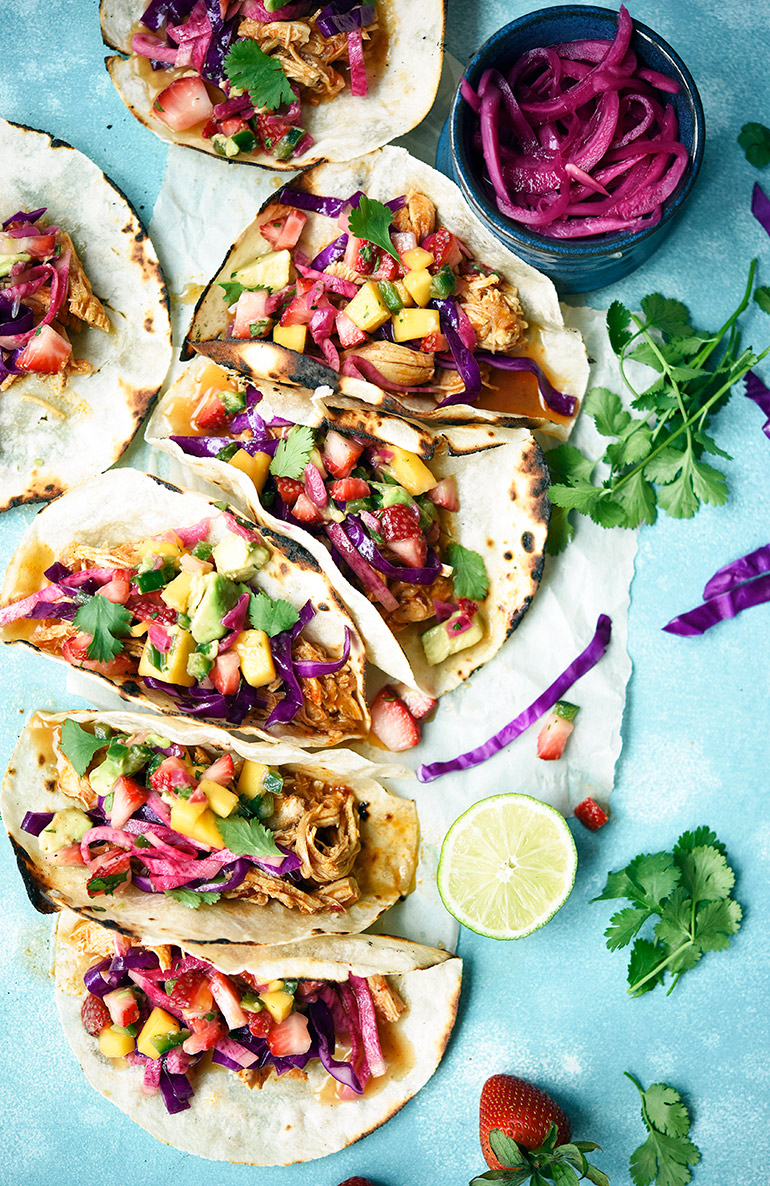 adobo chicken tacos with strawberry mango salsa