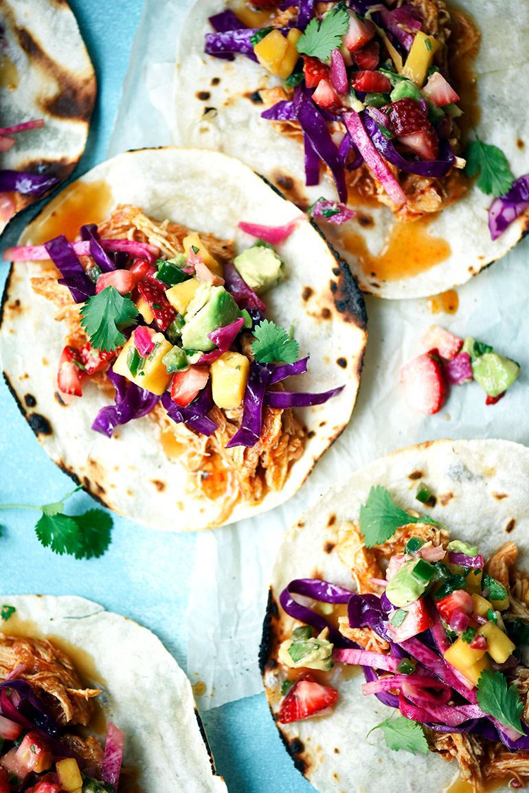 adobo chicken tacos with strawberry mango avocado salsa