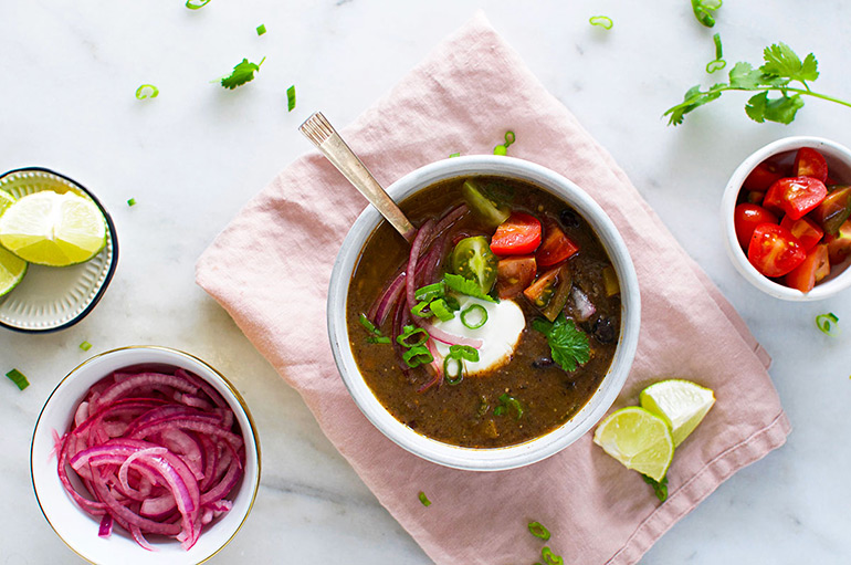 easy weeknight black bean soup with toppings