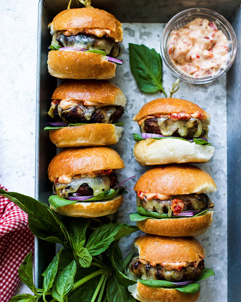 Spinach Basil Turkey Sliders with Sun Dried Tomato Aioli