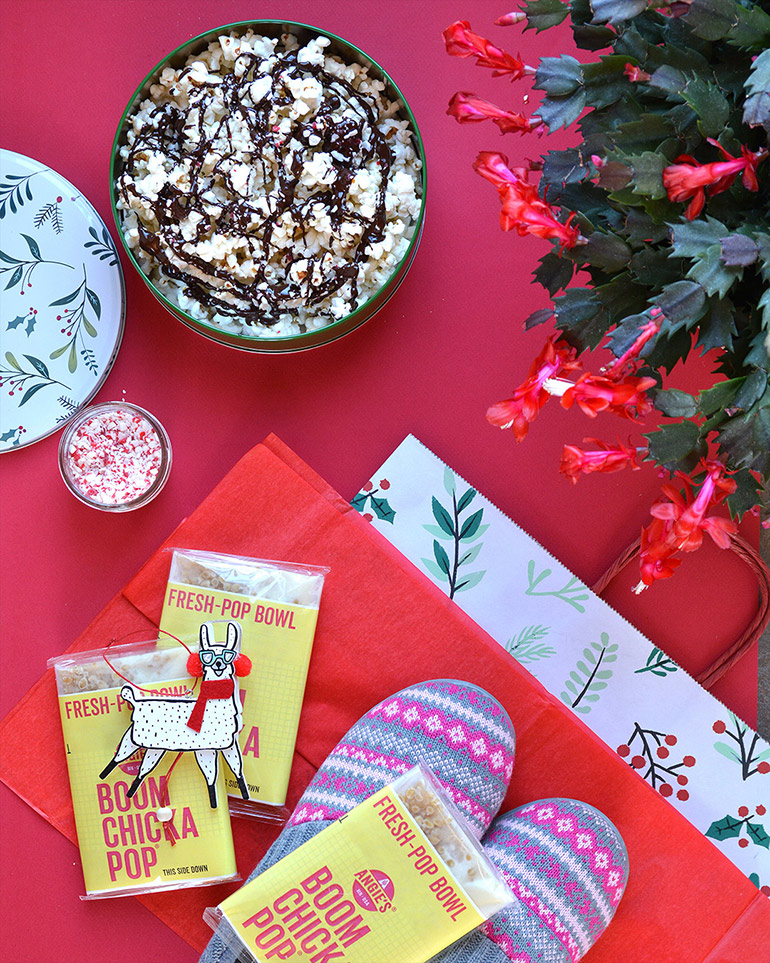 holiday gift bag with llama ornament and cozy slippers