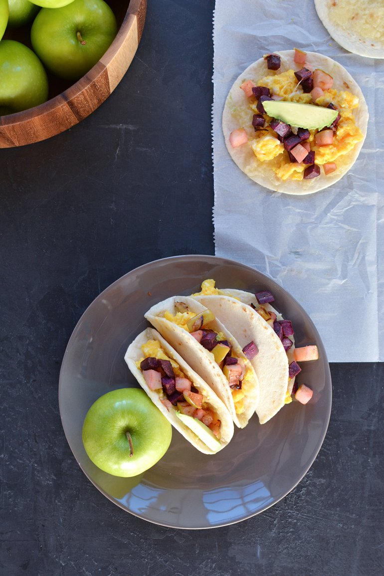 breakfast tacos with apple and sweet potato hash