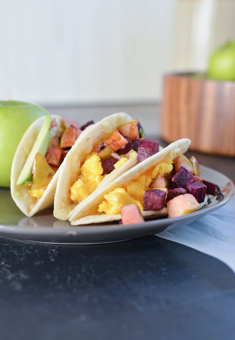 breakfast tacos with apple and sweet potato hash